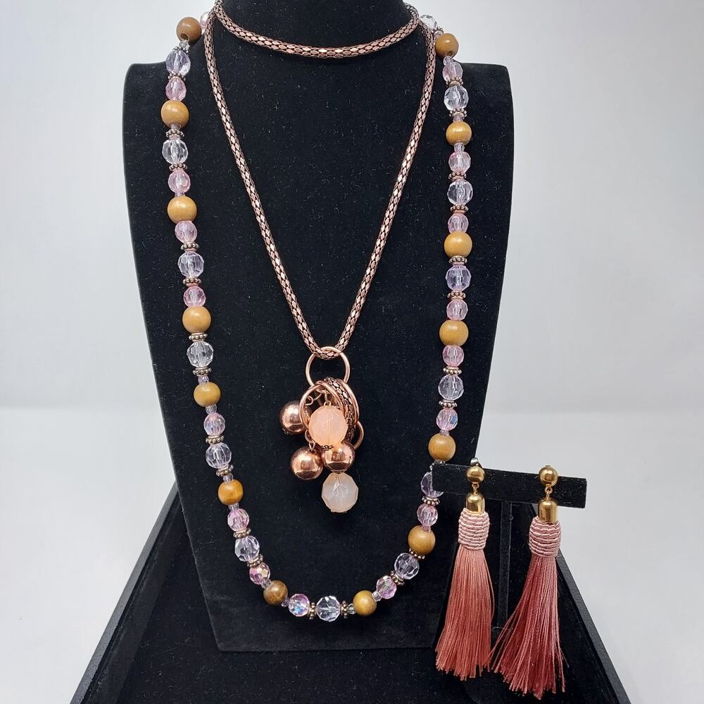 Lot Rose Gold Tone Necklaces Tassel Earrings Metal Wood Acrylic Boho